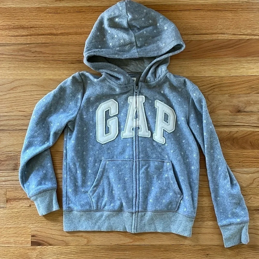 GAP Girls XL 12 Grey Hoodie Zip Sweatshirt Silver StarsApplique Patch Letter